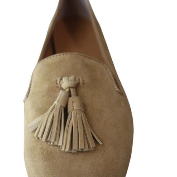 J. Crew Women Size 7.5 Camel Faux Suede Smoking Tassel Slip On Loafers Office - Picture 4 of 9
